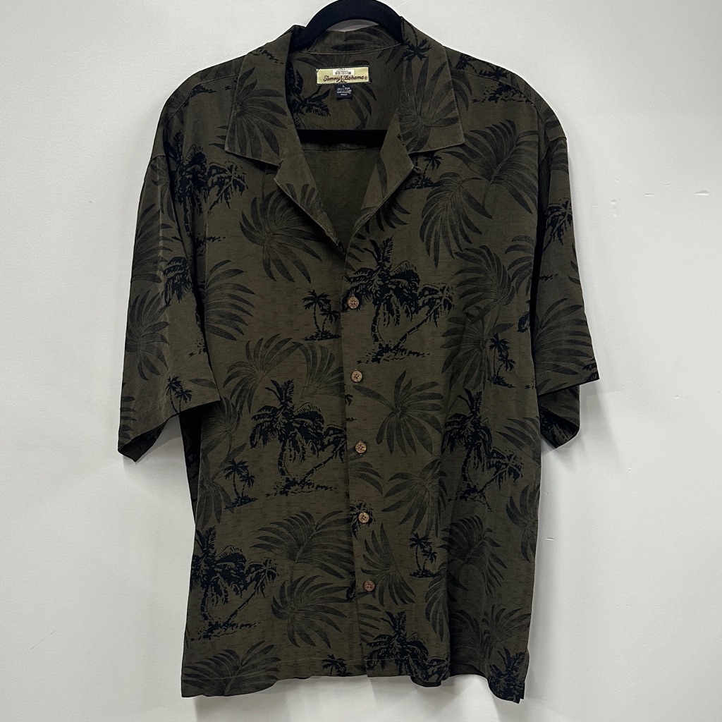 Tommy Bahama Olive Palm Print Silk Shirt L